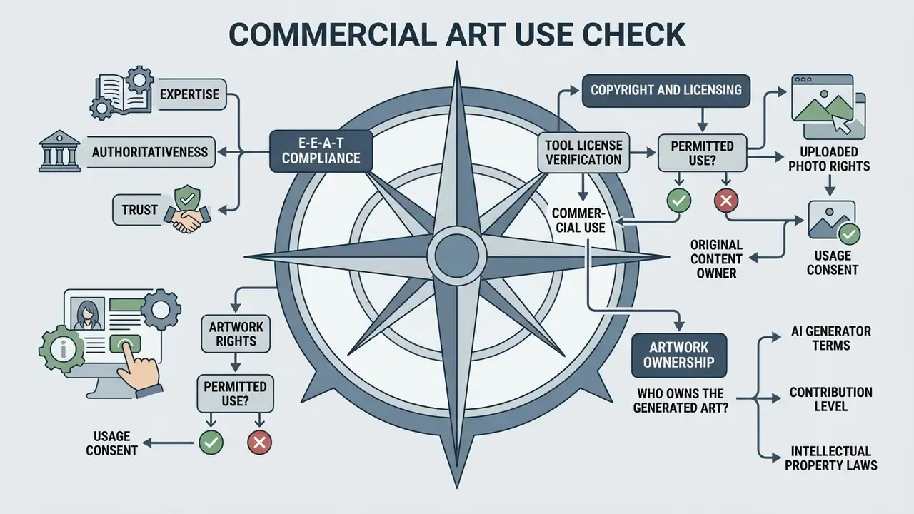 Compass graphic outlining legal and licensing steps for commercial use of AI generated anime artwork