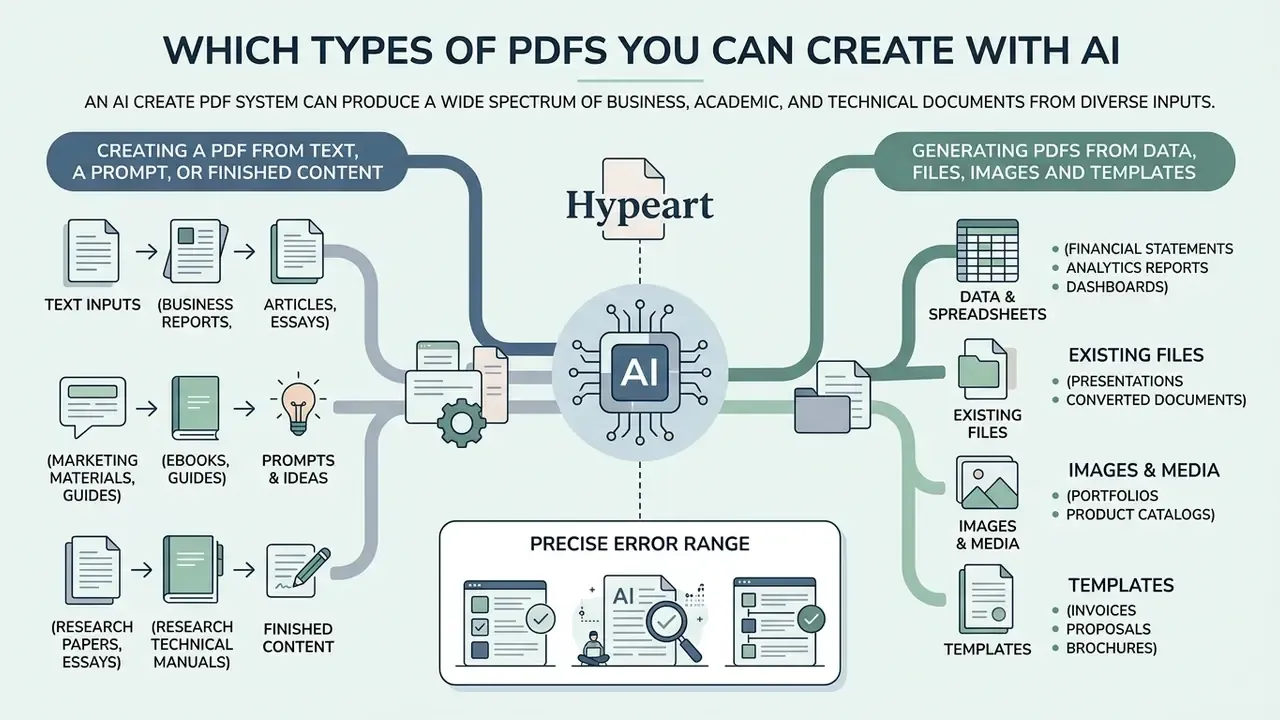 Flowchart showing how various text, data, and media inputs are processed into documents by a central AI