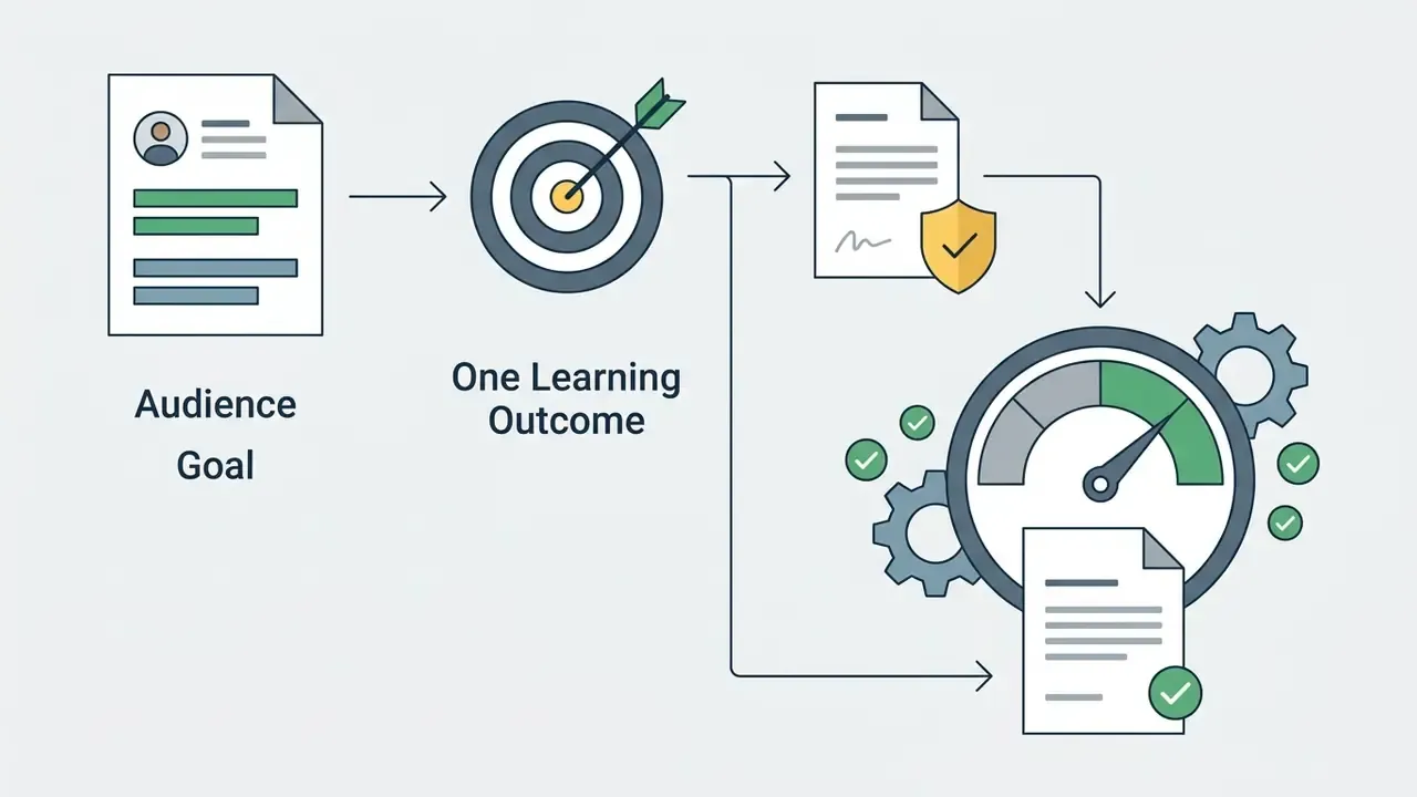 Process flow connecting audience goals and learning outcomes to compliant documents and performance gauges