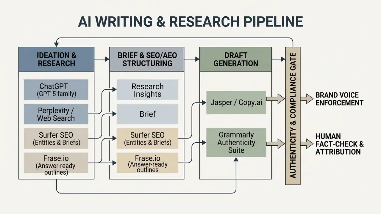 Diagram mapping the AI writing and research pipeline from initial ideation through to final verification