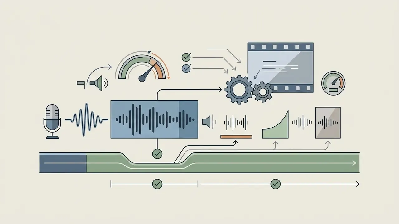 Audio waveform processing with microphone, volume controls, and gears connected to a timeline track