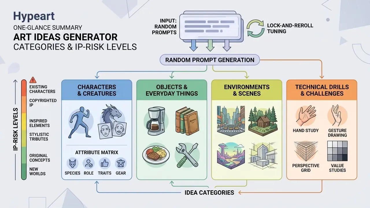 Diagram showing four creative prompt categories alongside a vertical scale for intellectual property risk