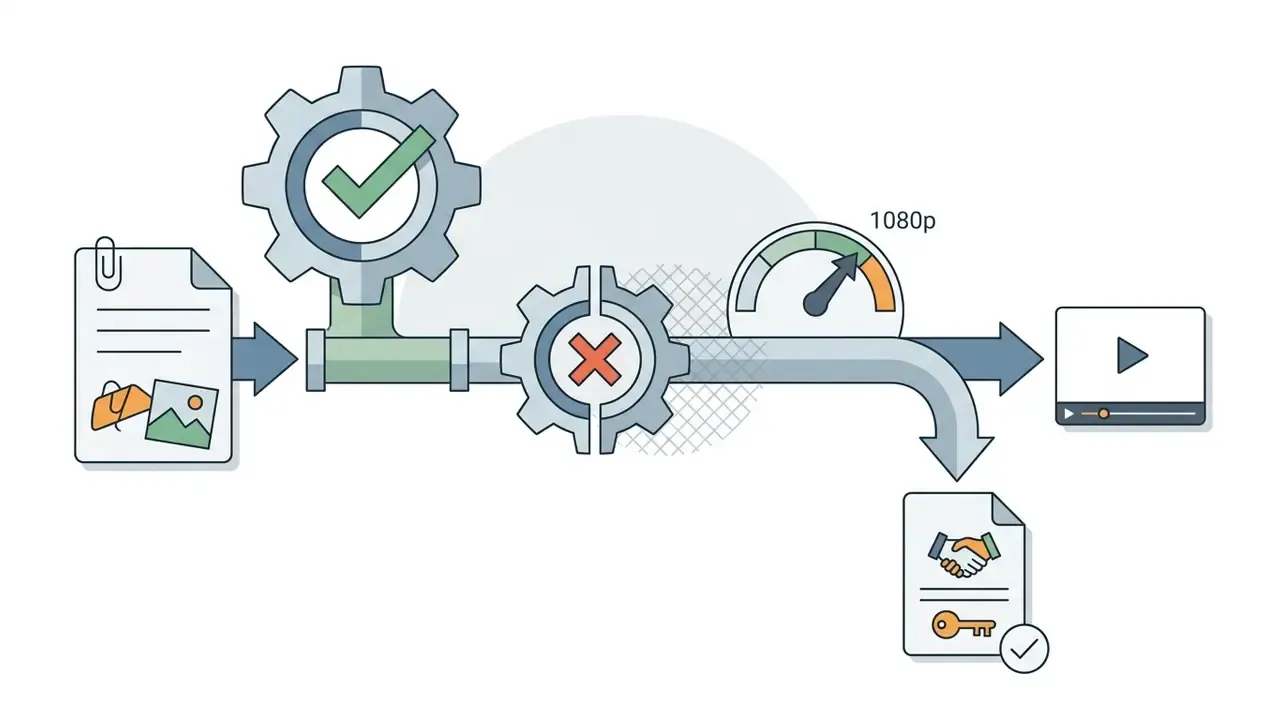 Media files passing through gears and a speed gauge to produce either a video or a restricted document