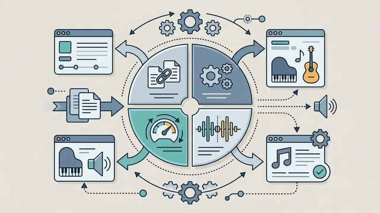 Central circular processor turning text documents and musical settings into audio waveforms and song files