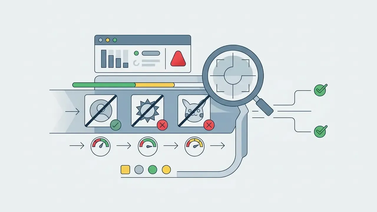 Magnifying glass scanning icons of faces and characters to filter content with checkmarks and cross marks
