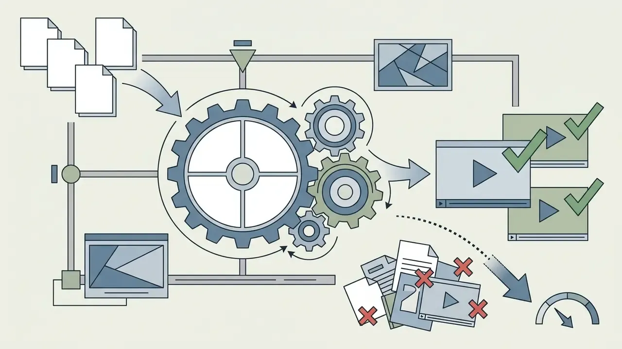 Documents feeding into a gear system that processes assets into approved videos while filtering out rejects