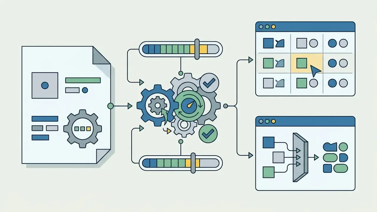 Document and gear icons feeding into a processing hub that outputs data to web interface windows