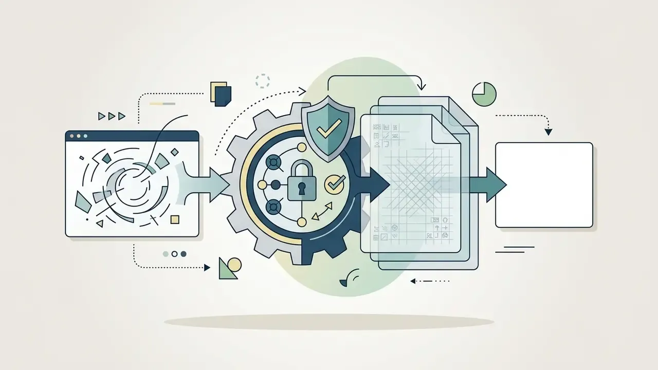 Digital process showing synthetic media output passing through a secure gear mechanism into a document