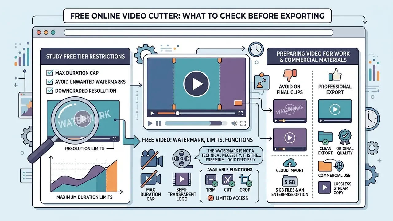 Visual guide detailing free tier restrictions, watermark risks, and professional export requirements