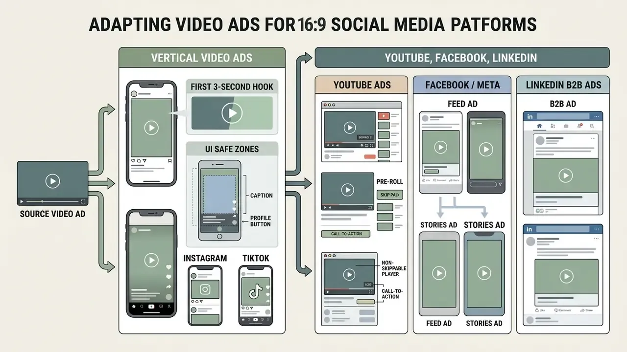 Diagram showing how to adapt source video ads for vertical mobile formats and horizontal desktop platforms
