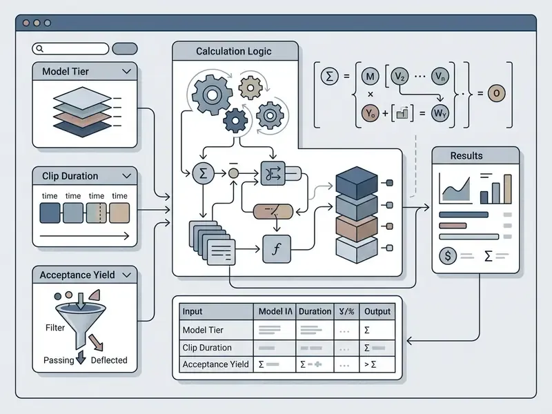 Interactive cost calculator interface showing model inputs, processing logic, and output metrics