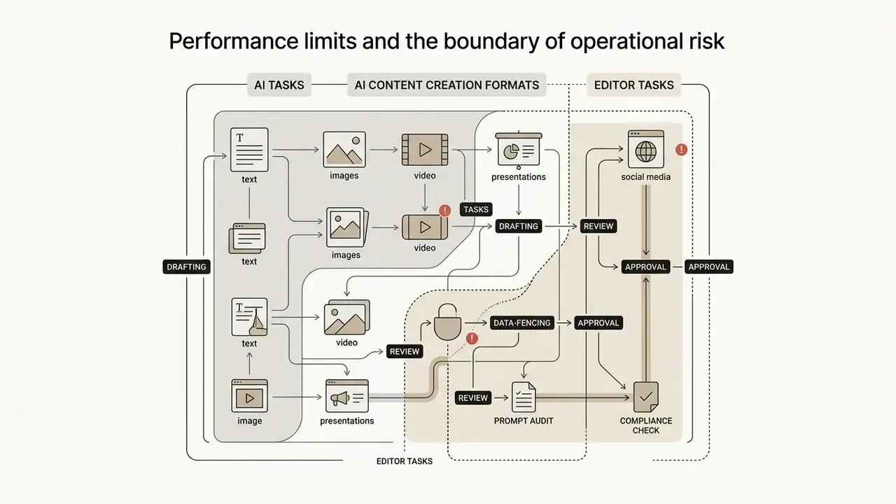 Diagram mapping AI content creation workflows between automated drafting and human editorial oversight