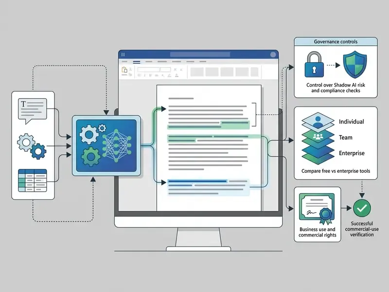 Computer screen showing text generation workflows with governance controls and commercial rights icons