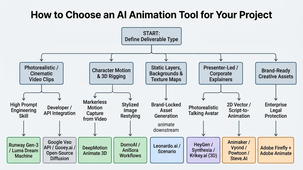 Decision tree flowchart categorizing AI animation tools by project deliverable type and technical requirements