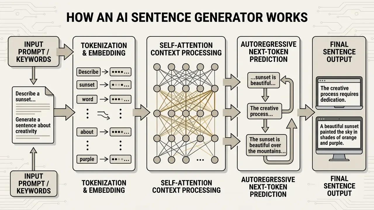 Flowchart showing the sequential processing pipeline of an AI sentence generator from input to final output