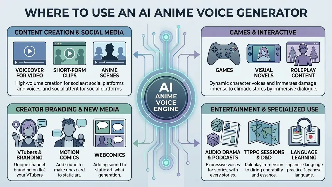 Central engine hub connected to four quadrants displaying diverse media applications for character voices