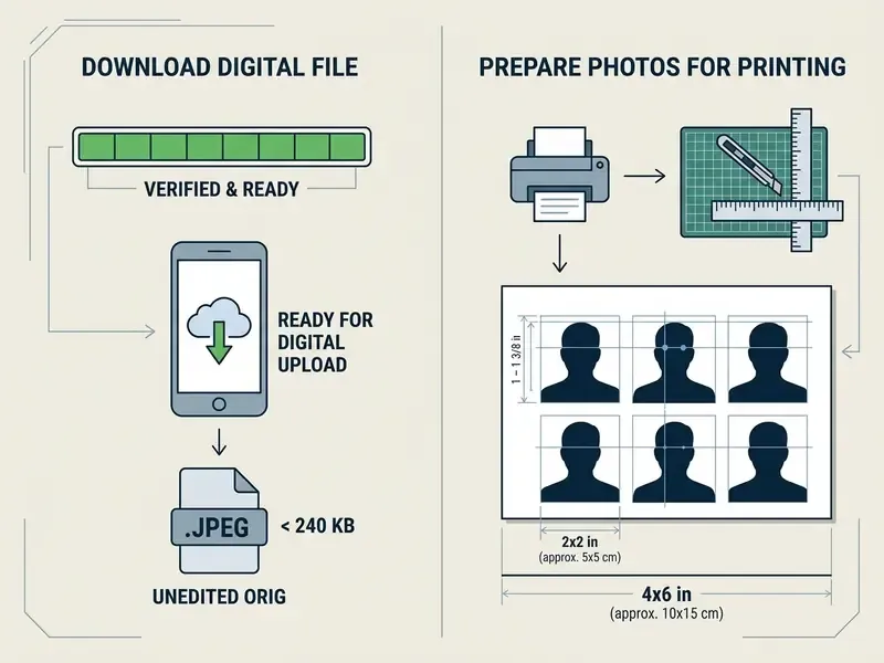Diagram comparing digital file download steps with the physical printing of passport photo sheets