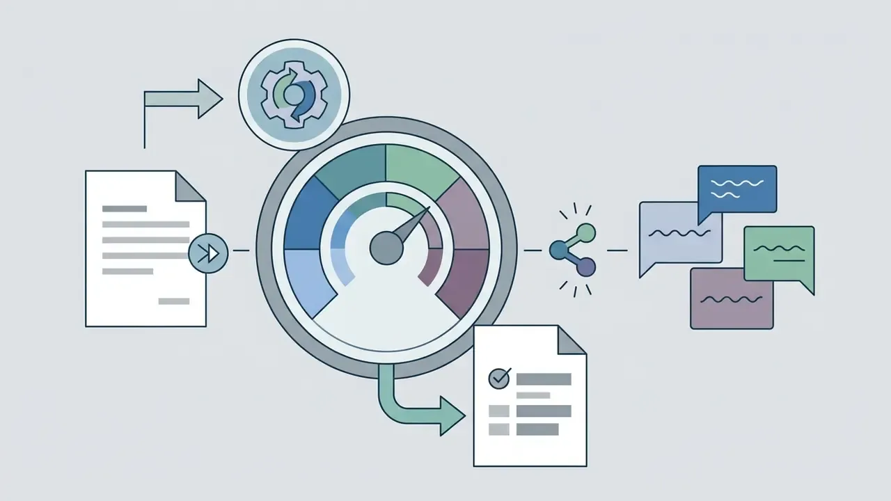Document and gear icons feeding into a colorful gauge that connects to speech bubbles via a network node