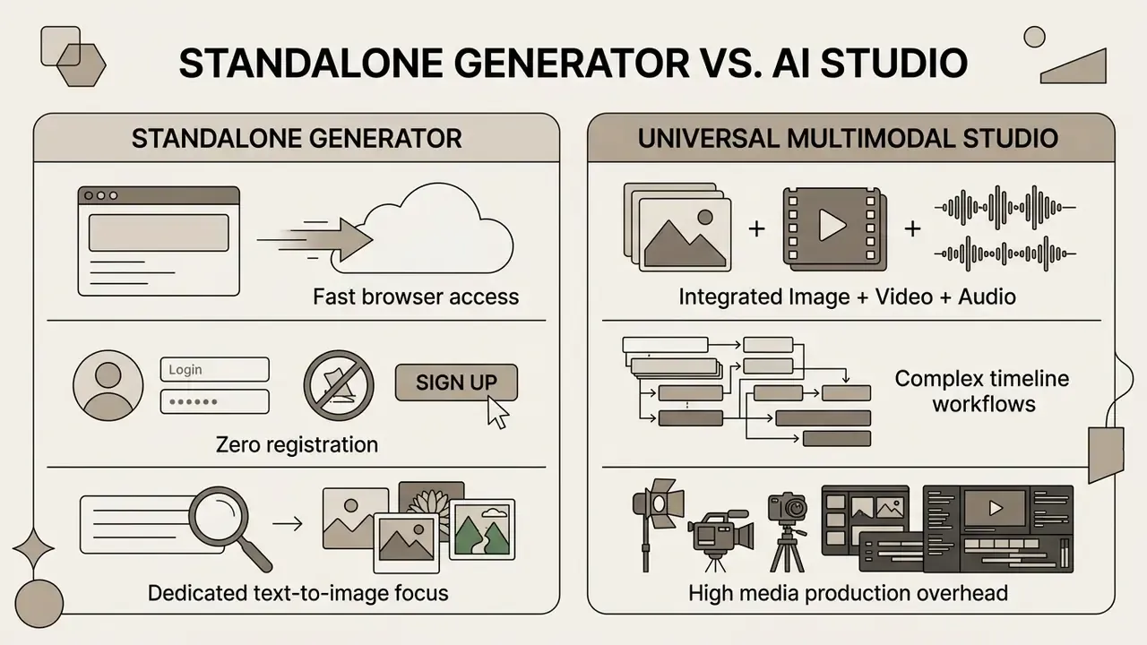Side-by-side feature breakdown of a standalone image generator versus a universal multimodal studio