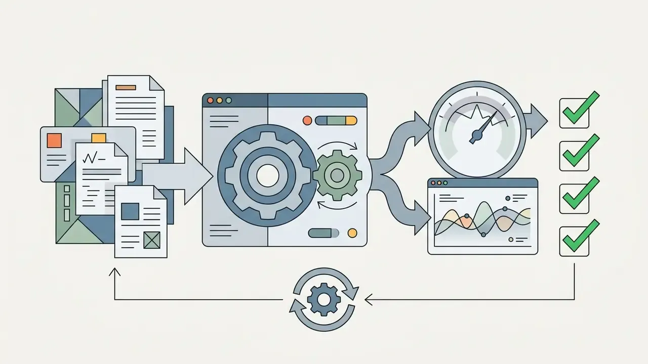 Papers feeding into a gear processor that outputs metrics and gauge readings for final checklist approval