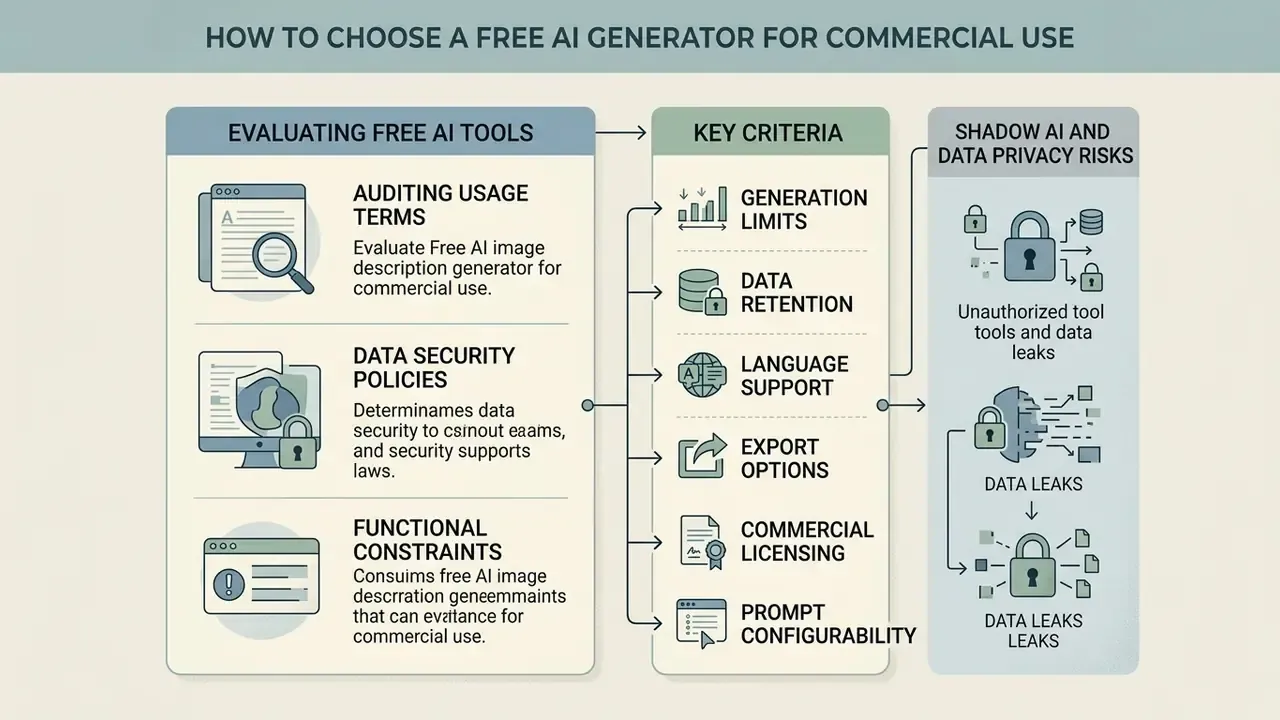 Summary of criteria for evaluating a free AI alt text generator for commercial use and data privacy risks