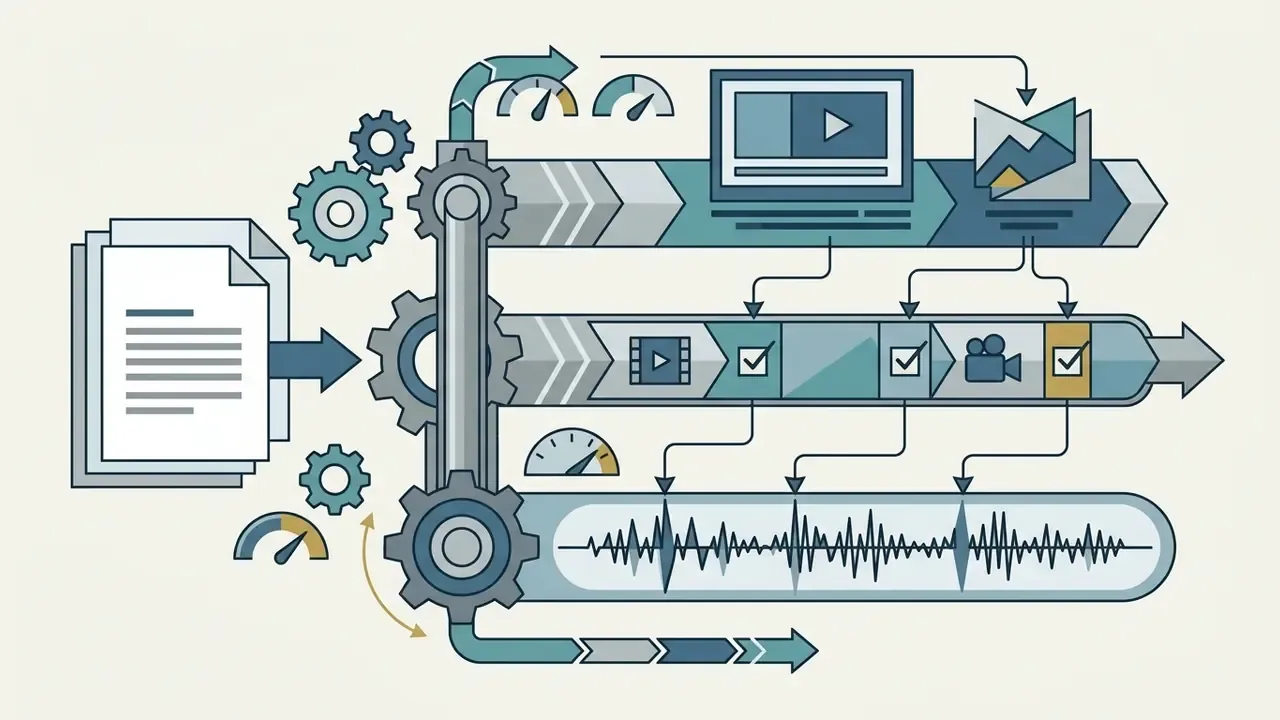 Document feeding into a gear system that synchronizes video elements, checklists, and audio waveforms