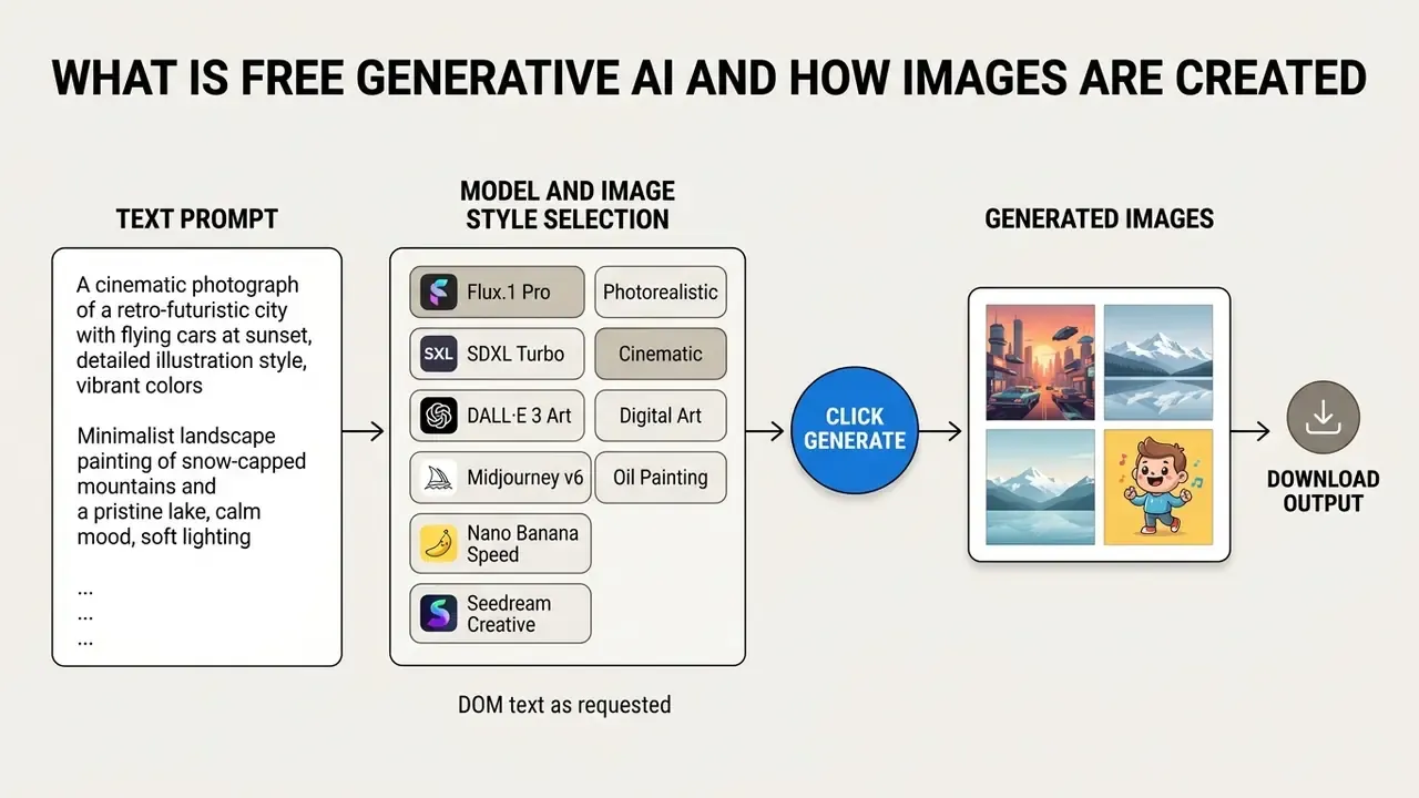 Process flow diagram showing text prompts, model selection, generation, and image download