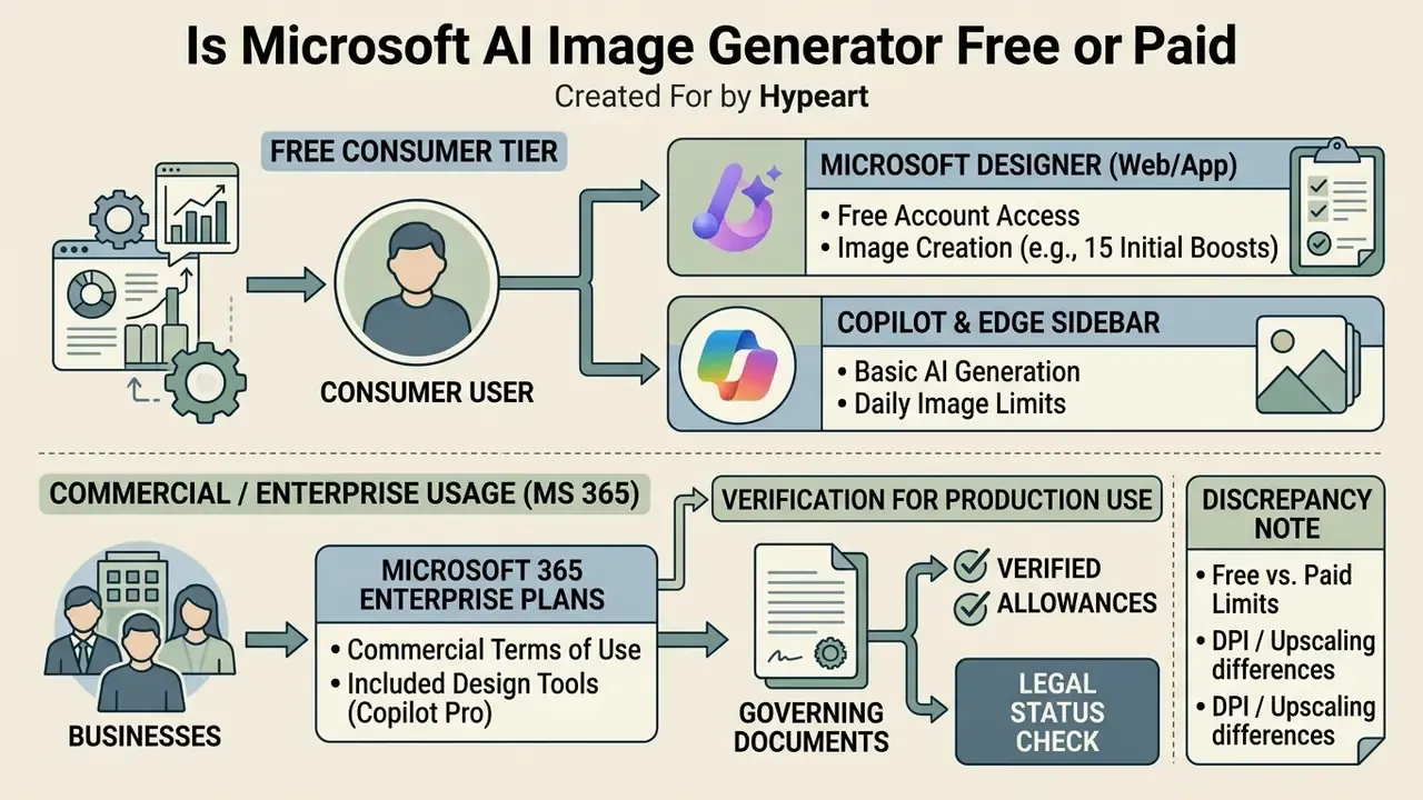 Diagram comparing free consumer and commercial enterprise tiers for the Microsoft AI image generator