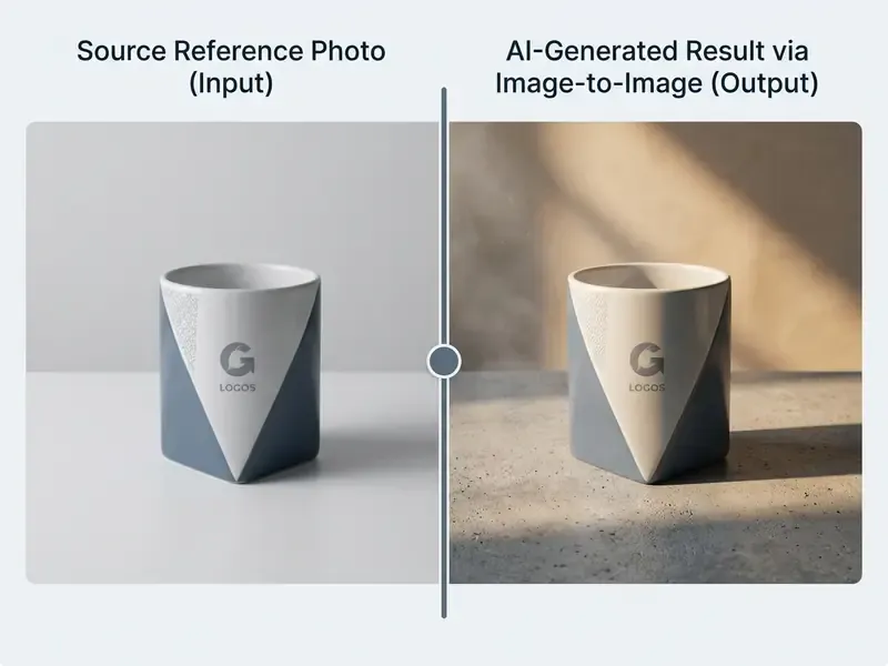 Side by side comparison of a cup showing how a best AI image to image generator modifies background style