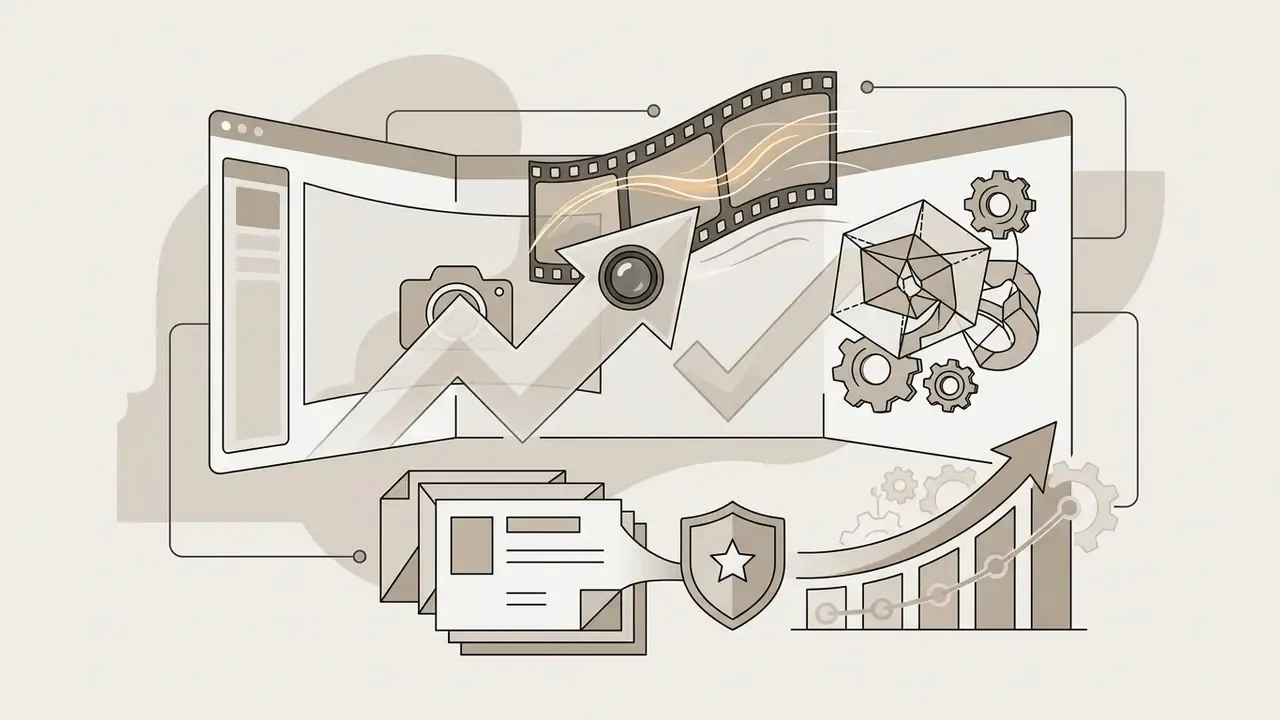 Film strip and geometric gears moving through digital screens toward a rising growth chart and shield