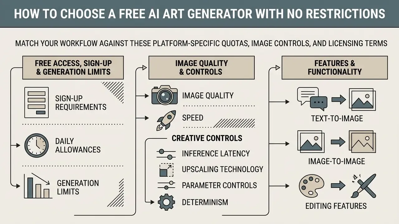 Infographic detailing criteria for evaluating an ai image generator no restrictions platform