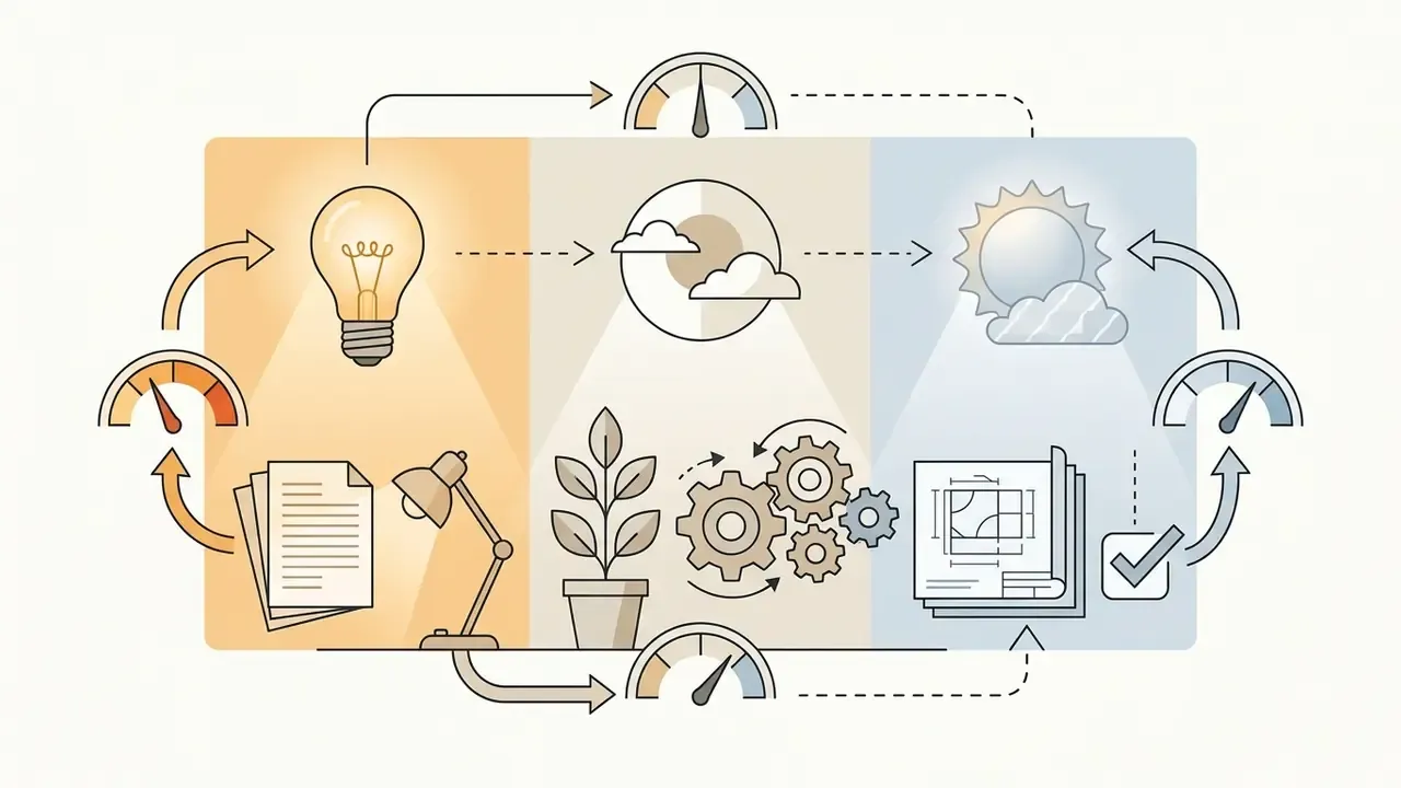 Lightbulb, sun, and gauges representing temperature settings for writing AI prompts for images