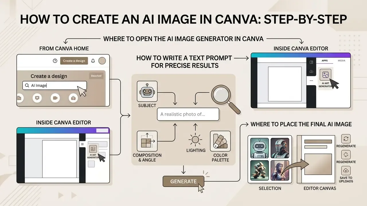 Diagram detailing how to access the generator, craft effective text prompts, and place resulting visuals
