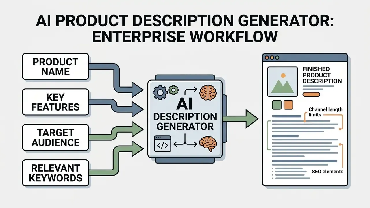 Diagram showing input data transforming into a finished product description via an AI generator