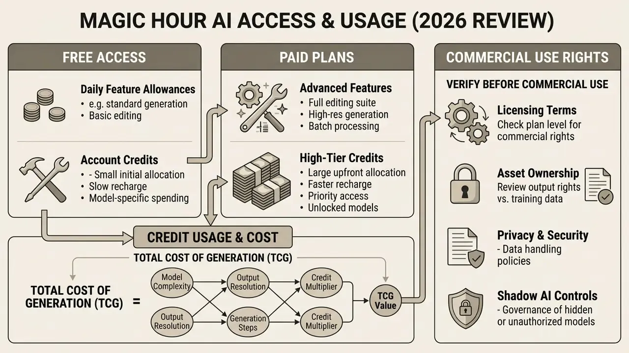 Flowchart comparing free and paid access, credit usage, and commercial licensing requirements