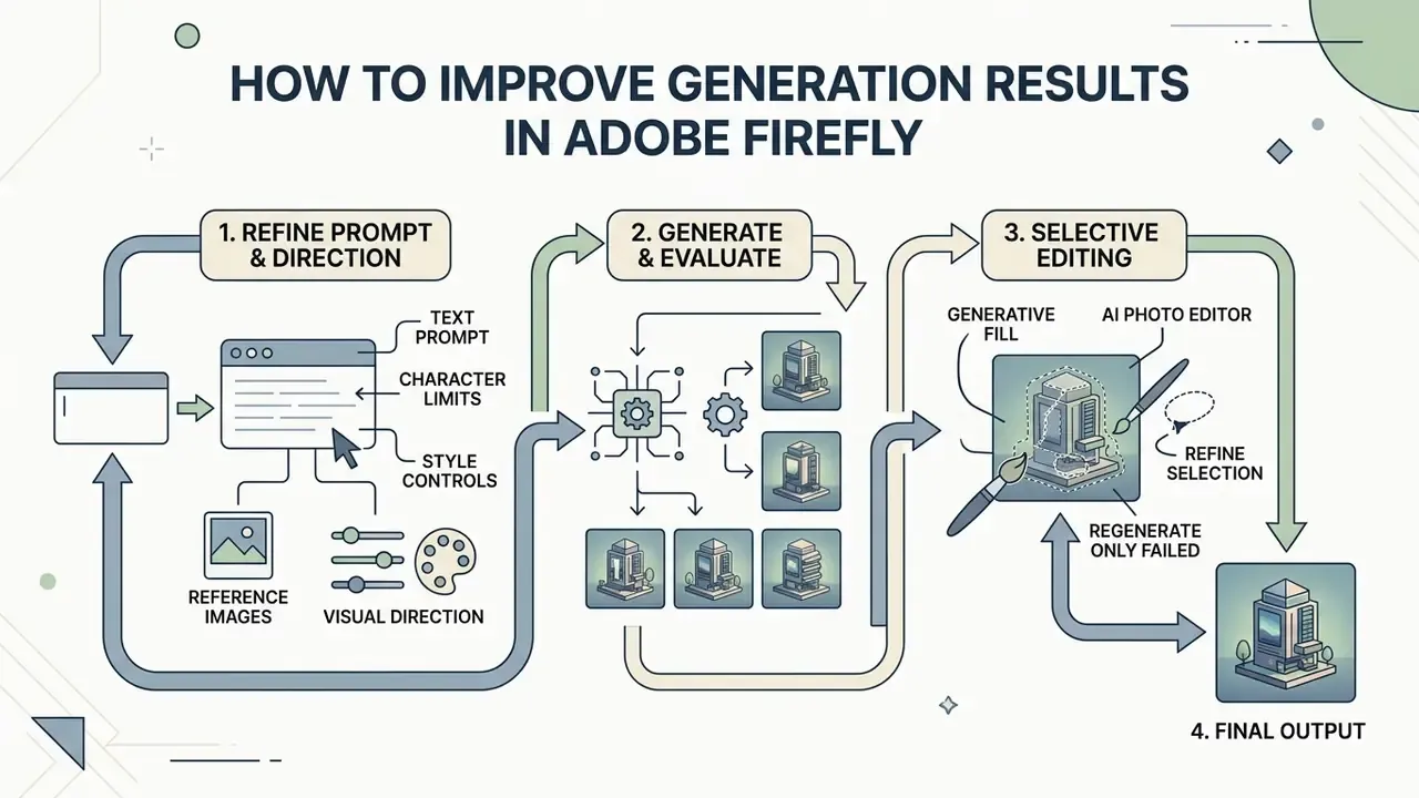 Iterative workflow diagram showing prompt refinement, generation, and selective editing for final output