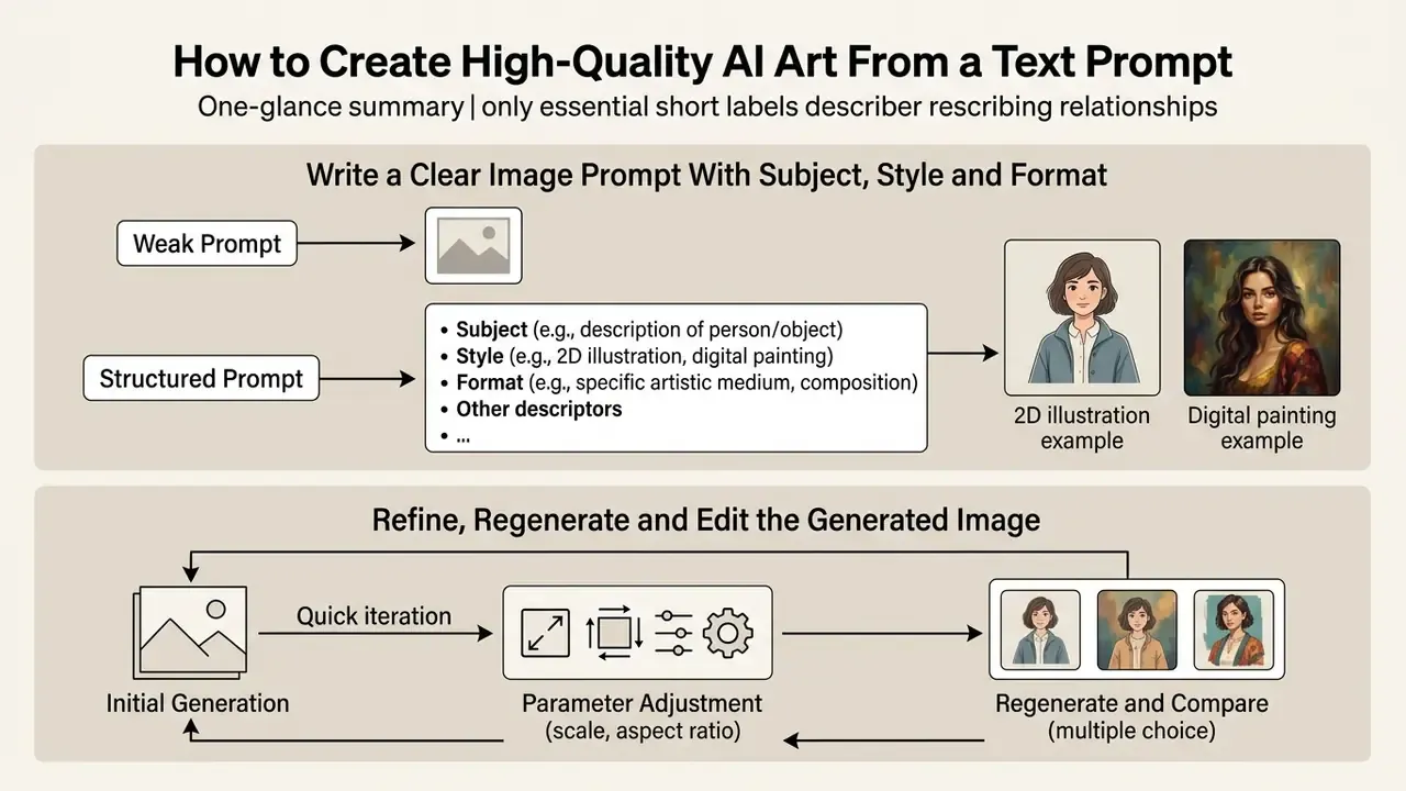 Workflow diagram showing prompt structuring and iterative refinement steps for image generation