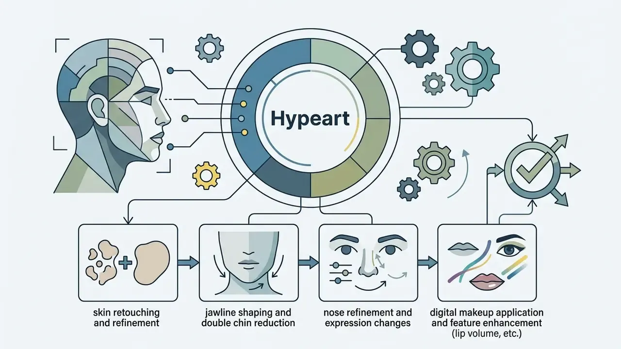 Profile view of a human head connected to a central processing hub with four distinct editing modules