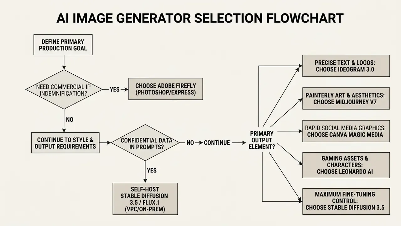 Decision tree guiding users to specific AI image generation tools based on legal and output requirements