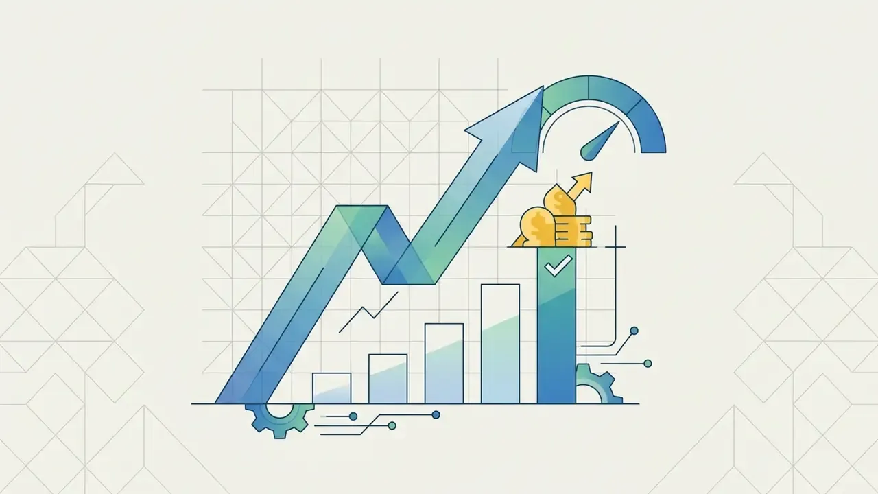 Rising bar graph and upward arrow pointing toward a speedometer gauge with gold coin and gear icons