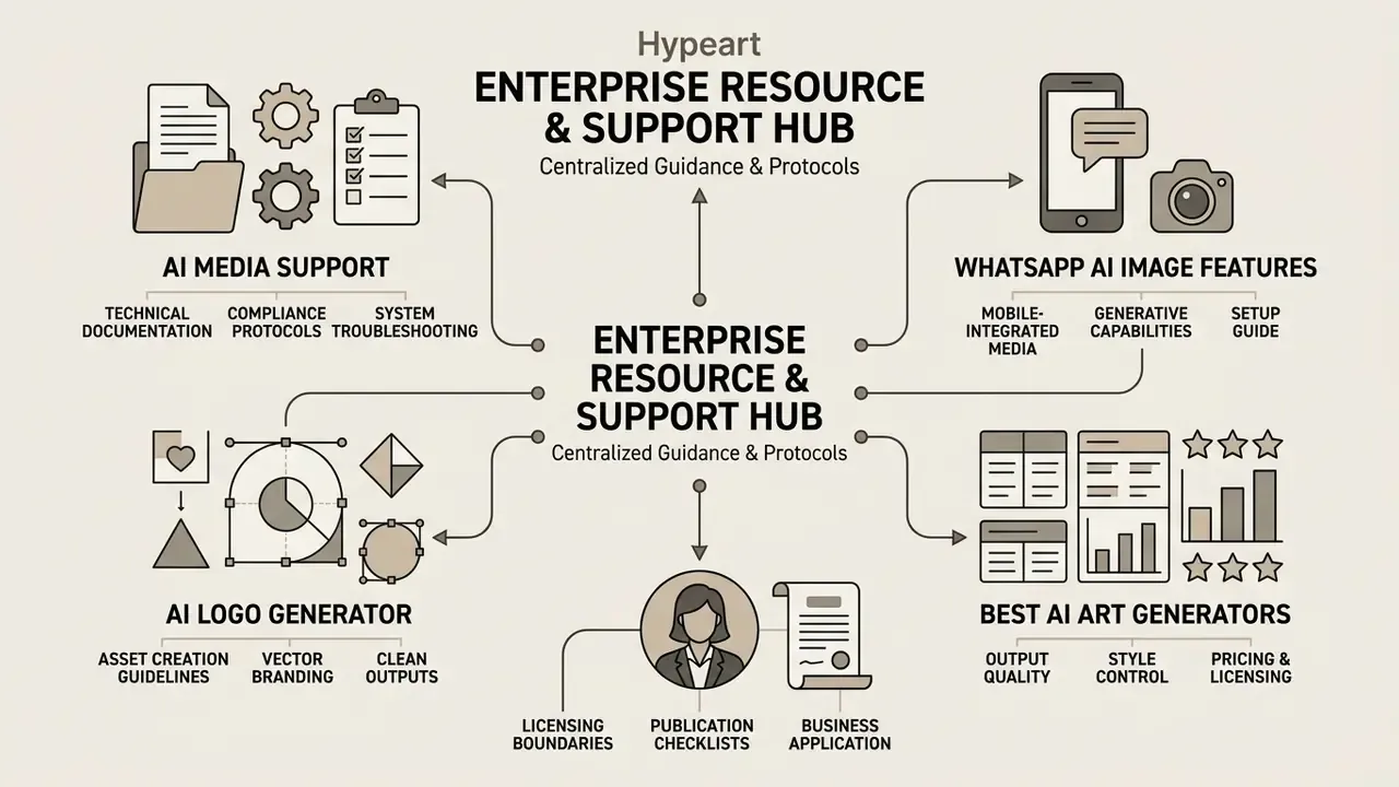 Centralized diagram connecting AI media support, WhatsApp image features, logo tools, and business protocols