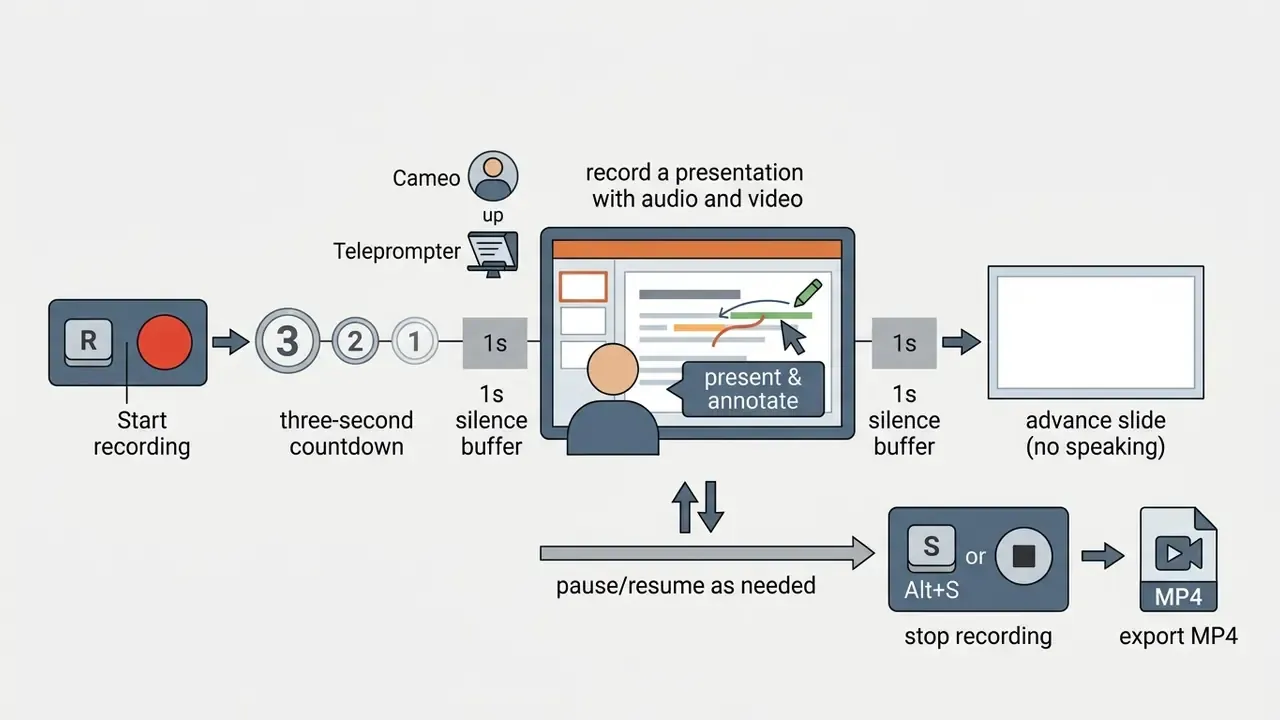 Diagram showing the workflow to record a PowerPoint presentation with audio and video from start to finish