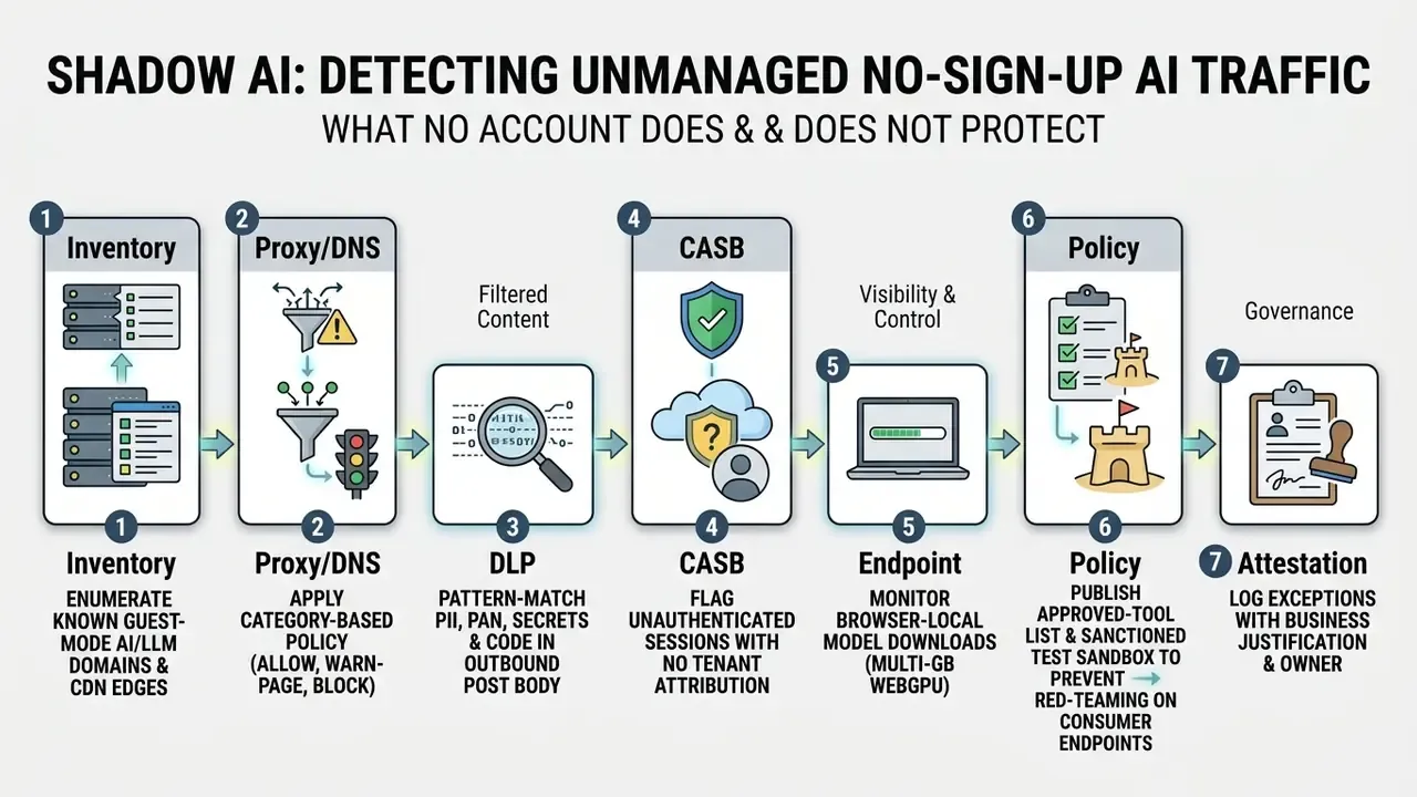 Seven step process diagram for managing unauthenticated AI traffic including inventory and policy controls