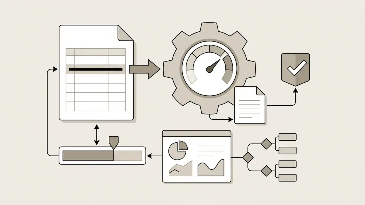 Table data passing through a gear processor to generate analytics charts and a status checkmark