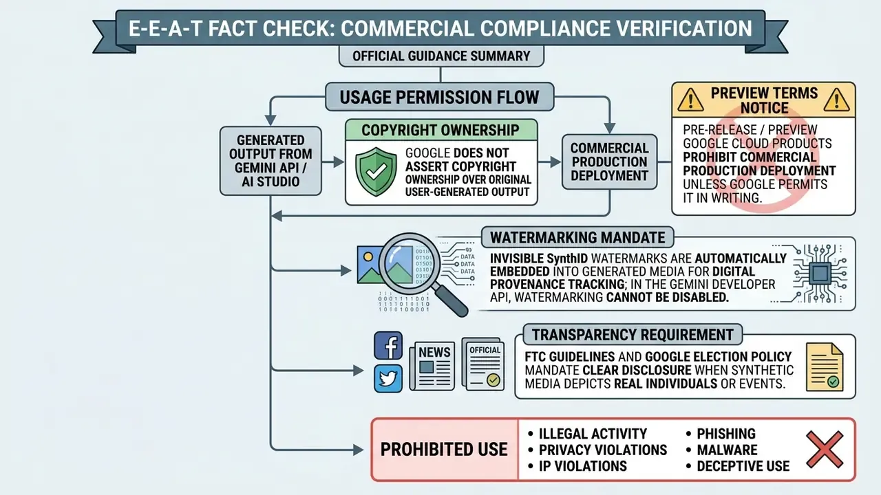 Decision tree outlining Google AI image generator usage policies for copyright, watermarking, and compliance