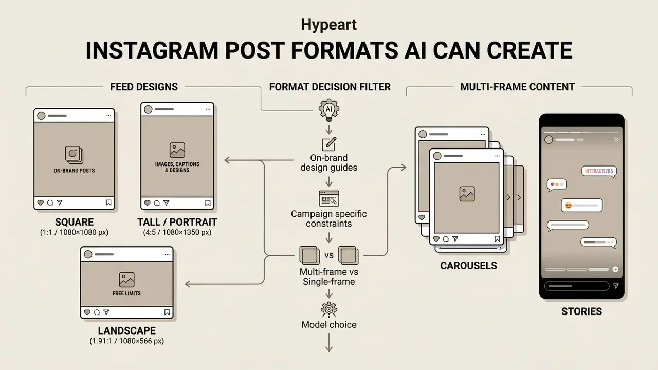 Diagram showing various Instagram display ratios and multi-frame layouts processed by an AI decision filter