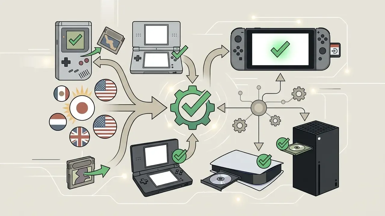 Diagram showing various video game consoles and cartridges connected to a central checkmark gear icon