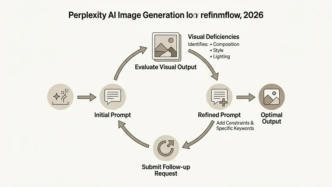 Circular workflow showing the iterative process of refining a Perplexity AI image generation prompt