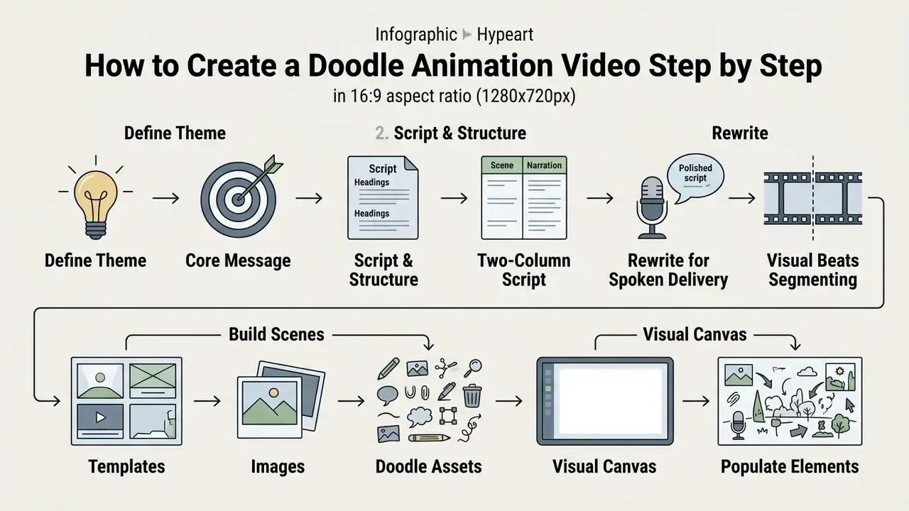 Flowchart outlining the sequence from defining a theme and script to building scenes with doodle assets