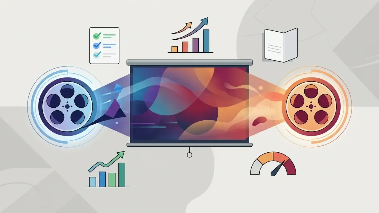 Film reels projecting abstract colorful light onto a central screen with performance and data icons